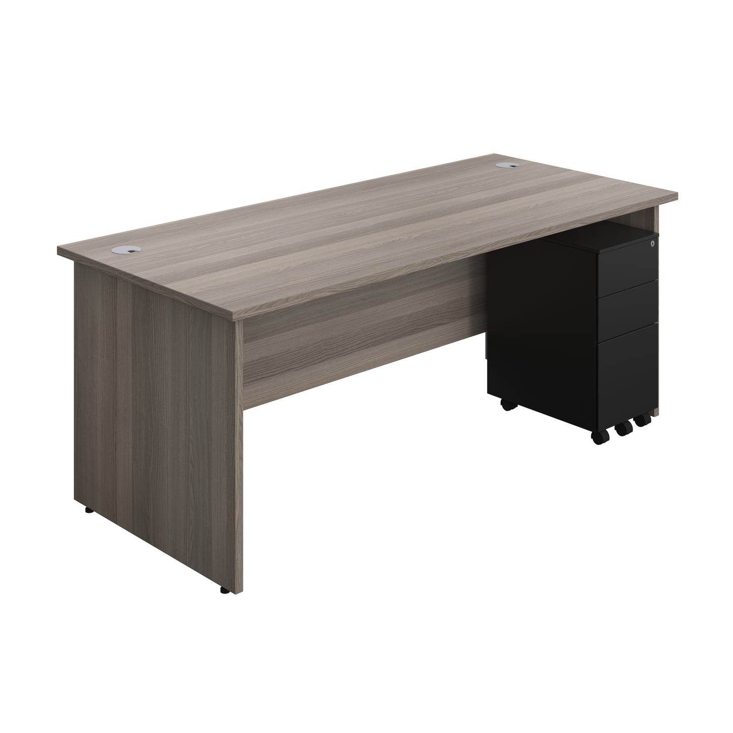 Aztec|Panel|Rectangular Desk with 3 Drawer Black Slimline Steel Pedestal|1800x800|Grey Oak