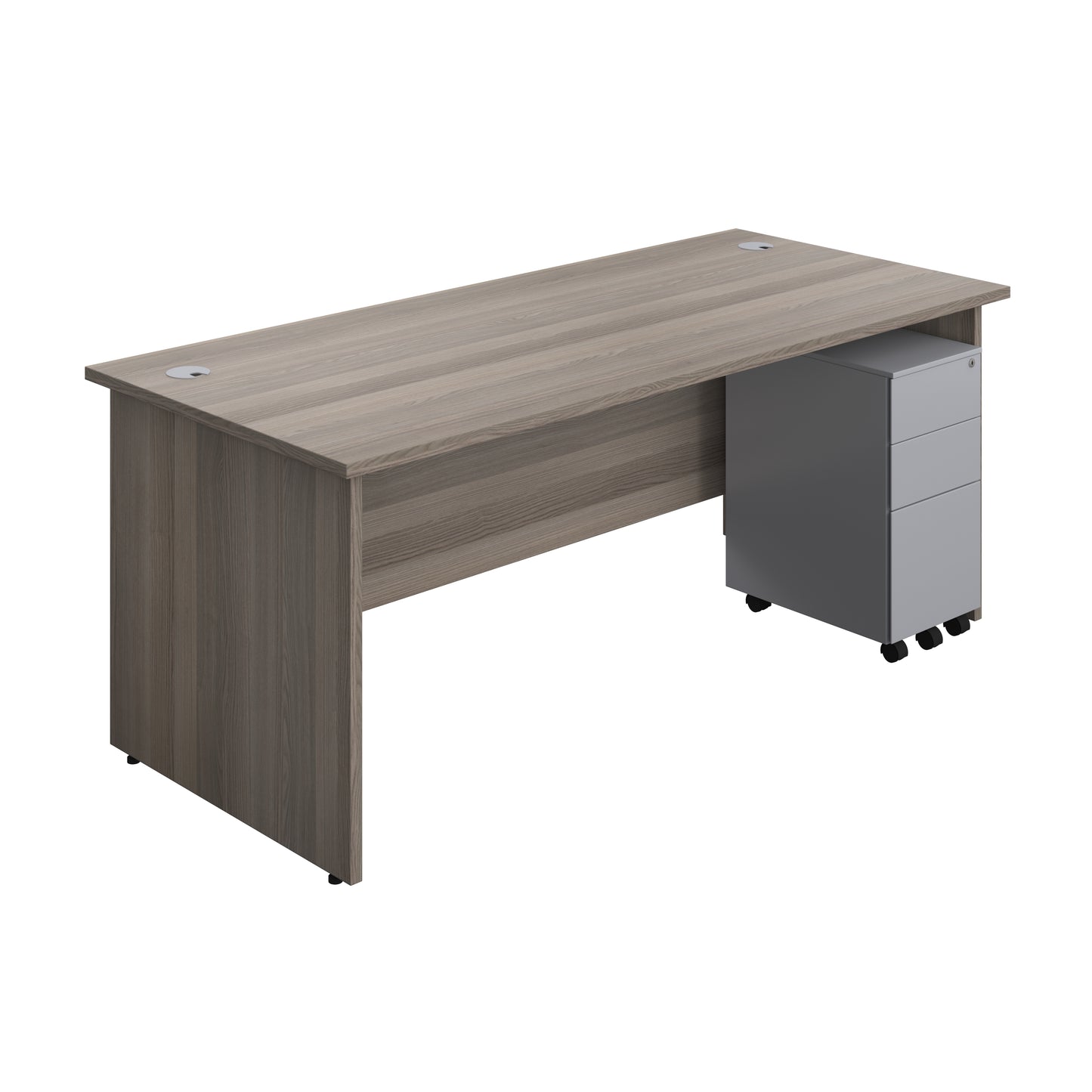 Aztec|Panel|Rectangular Desk with 3 Drawer Silver Slimline Steel Pedestal|1800x800|Grey Oak