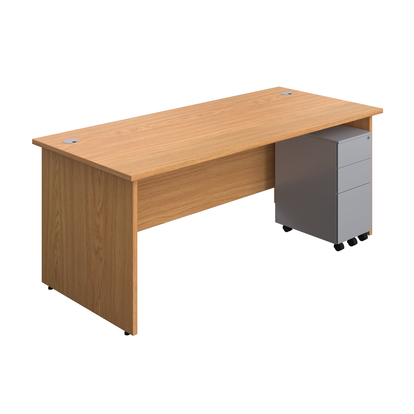 Aztec|Panel|Rectangular Desk with 3 Drawer Silver Slimline Steel Pedestal|1800x800|Nova Oak