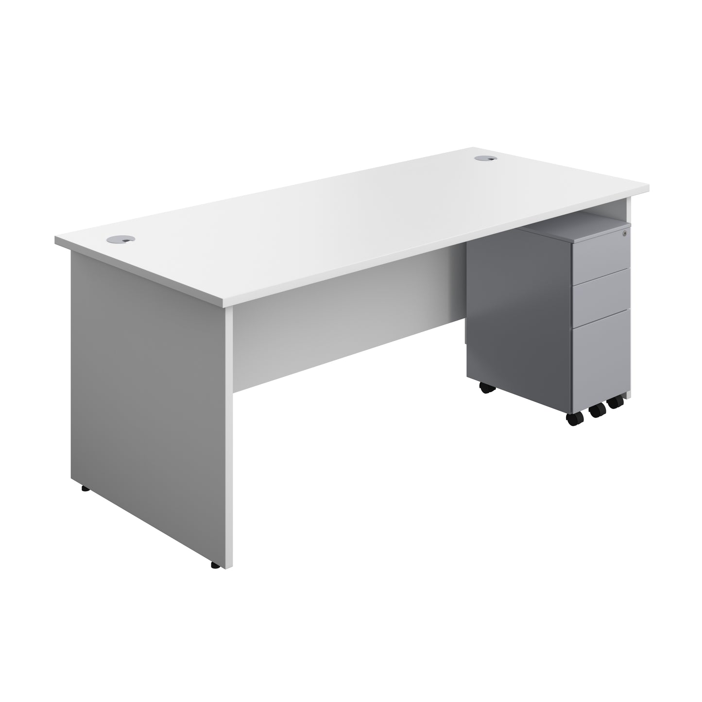 Aztec|Panel|Rectangular Desk with 3 Drawer Silver Slimline Steel Pedestal|1800x800|White