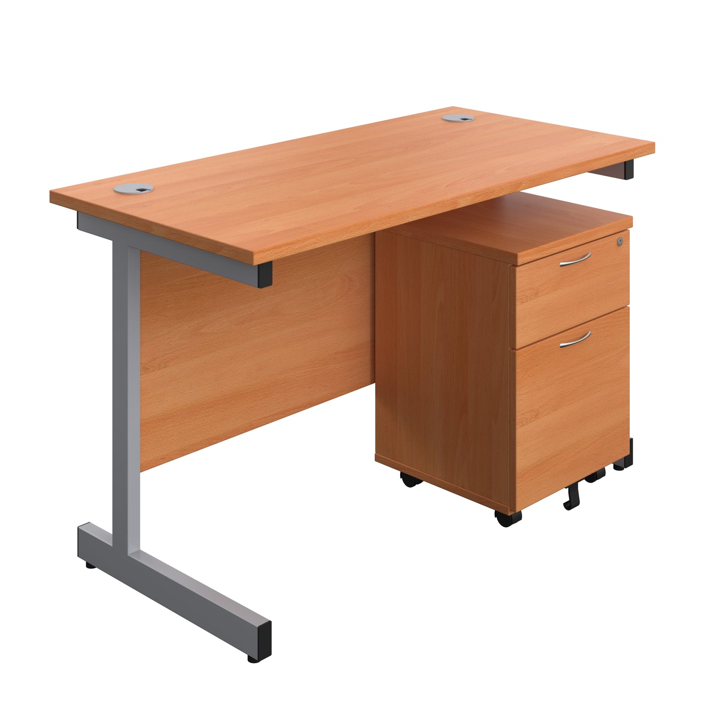 Aztec|Single Upright|Rectangular Desk with 2 Drawer Mobile Pedestal|1200x600|Beech-Silver