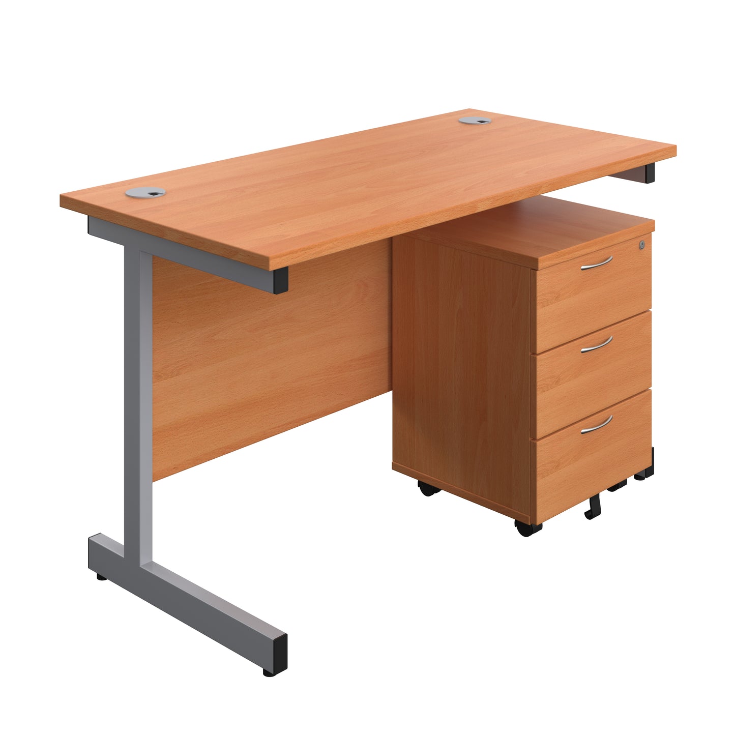 Aztec|Single Upright|Rectangular Desk with 3 Drawer Mobile Pedestal|1200x600|Beech-Silver