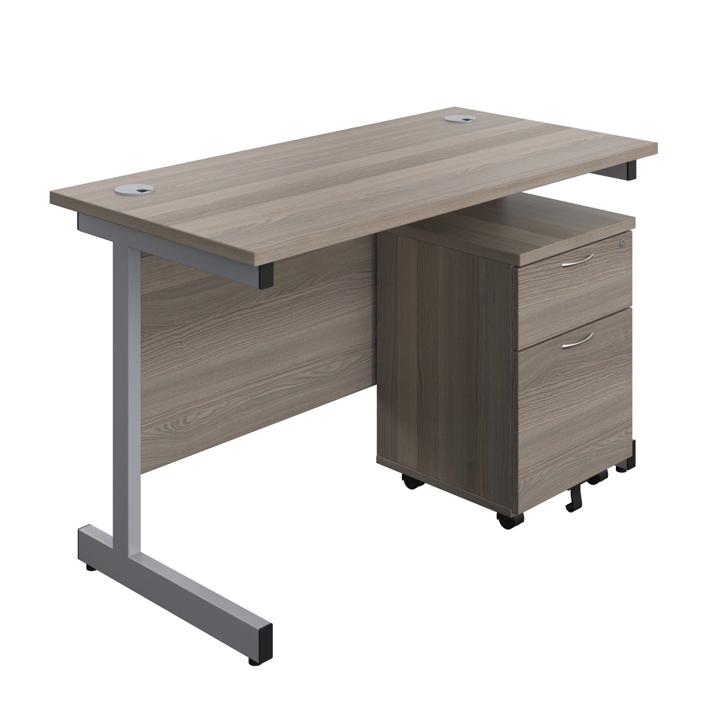 Aztec|Single Upright|Rectangular Desk with 2 Drawer Mobile Pedestal|1200x600|Grey Oak-Silver
