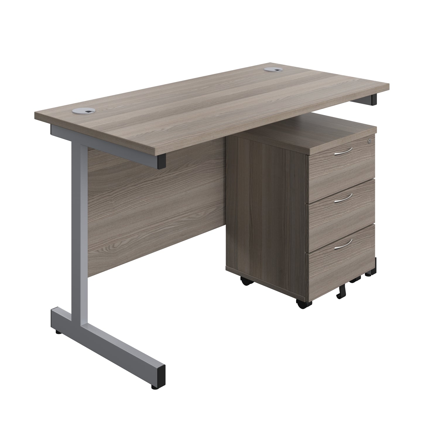 Aztec|Single Upright|Rectangular Desk with 3 Drawer Mobile Pedestal|1200x600|Grey Oak-Silver