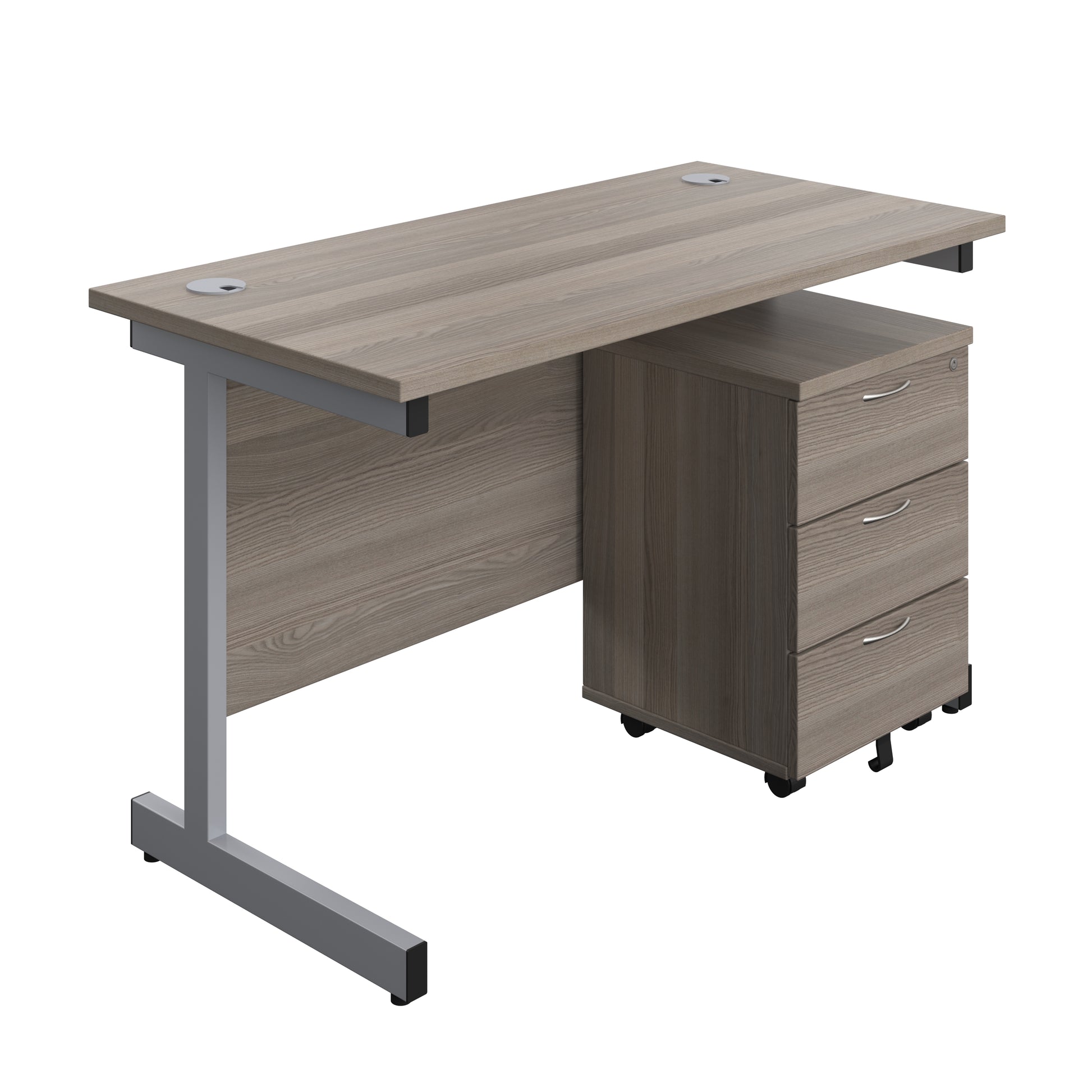 Aztec|Single Upright|Rectangular Desk with 3 Drawer Mobile Pedestal|1200x600|Grey Oak-Silver