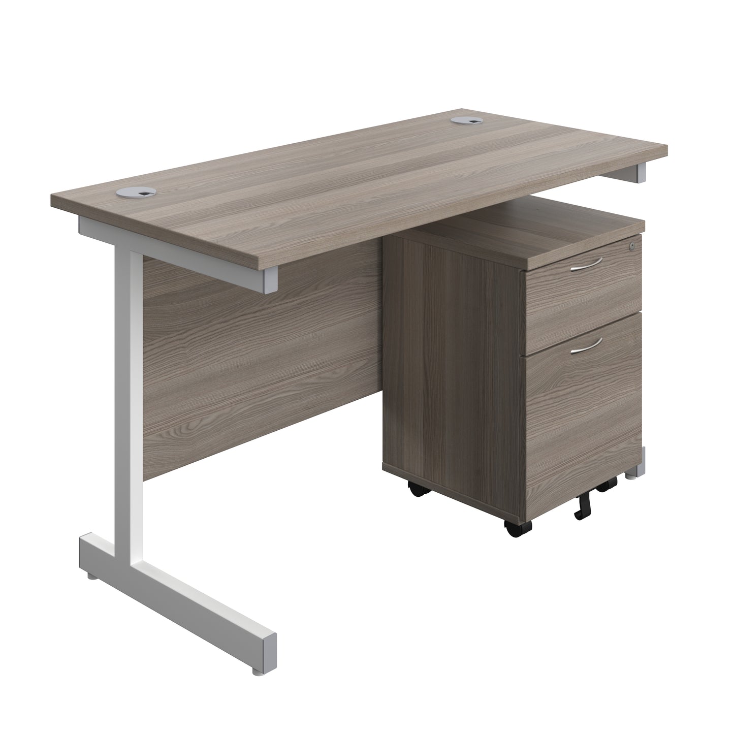 Aztec|Single Upright|Rectangular Desk with 2 Drawer Mobile Pedestal|1200x600|Grey Oak-White