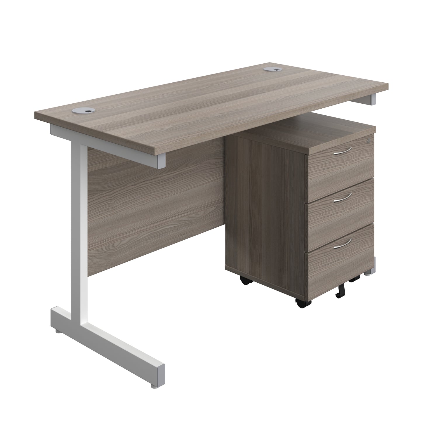 Aztec|Single Upright|Rectangular Desk with 3 Drawer Mobile Pedestal|1200x600|Grey Oak-White