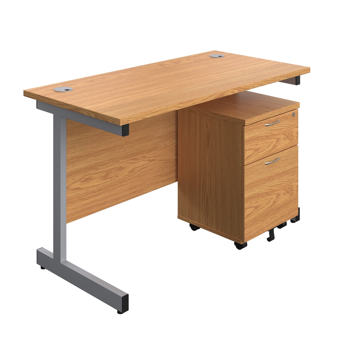Aztec|Single Upright|Rectangular Desk with 2 Drawer Mobile Pedestal|1200x600|Nova Oak-Silver