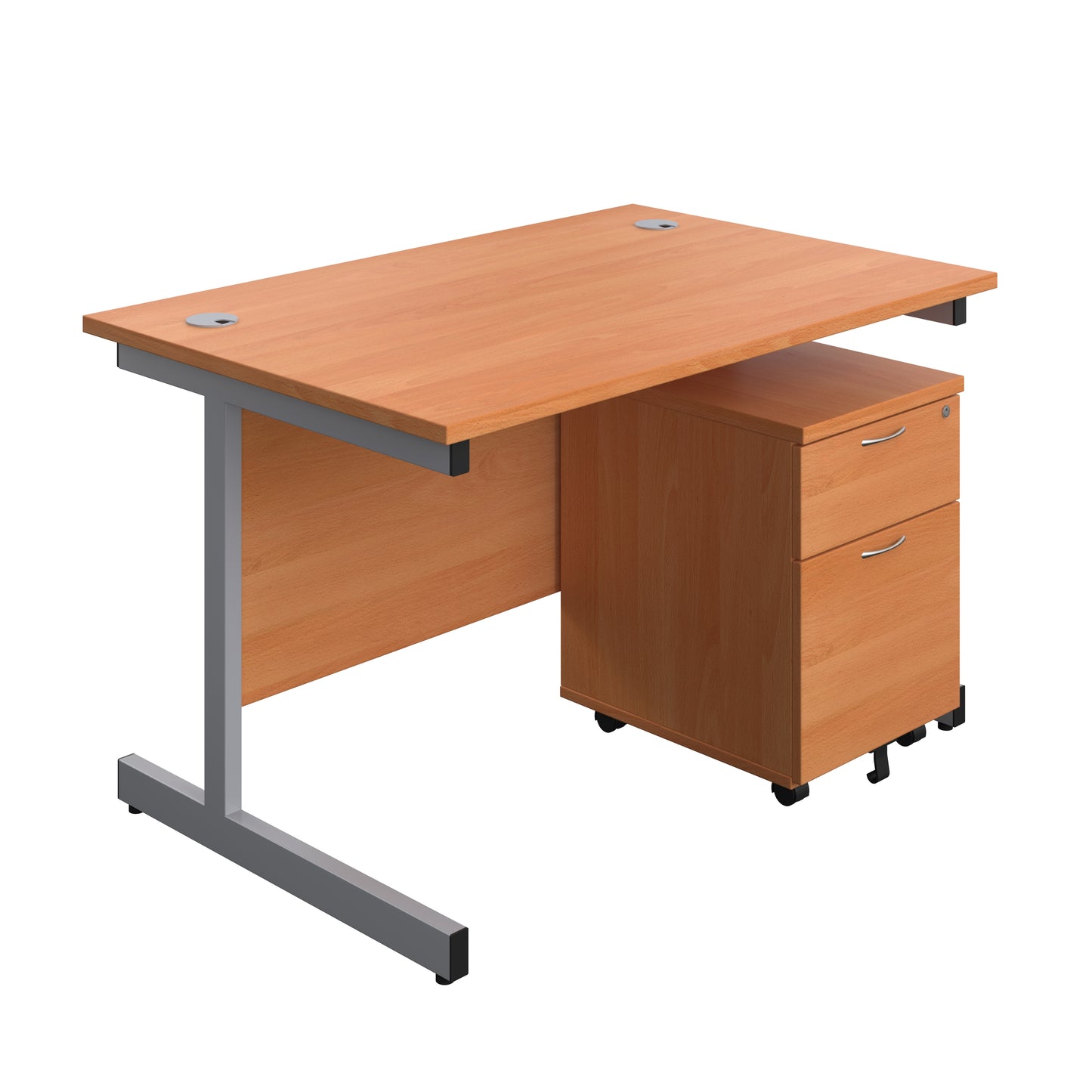 Aztec|Single Upright|Rectangular Desk with 2 Drawer Mobile Pedestal|1200x800|Beech-Silver
