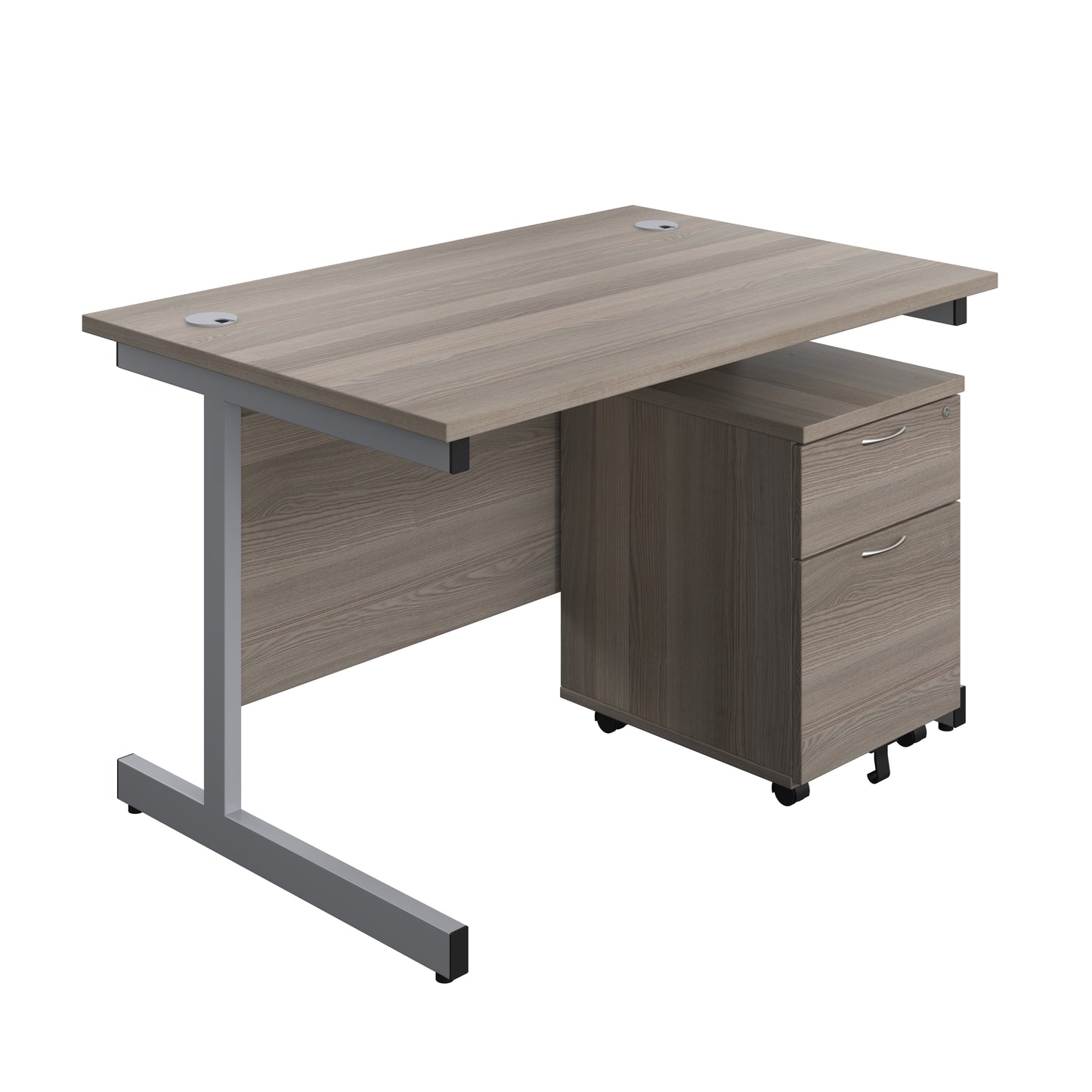 Aztec|Single Upright|Rectangular Desk with 2 Drawer Mobile Pedestal|1200x800|Grey Oak-Silver