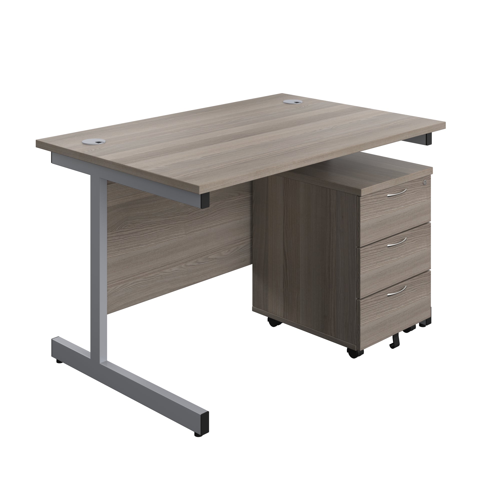 Aztec|Single Upright|Rectangular Desk with 3 Drawer Mobile Pedestal|1200x800|Grey Oak-Silver