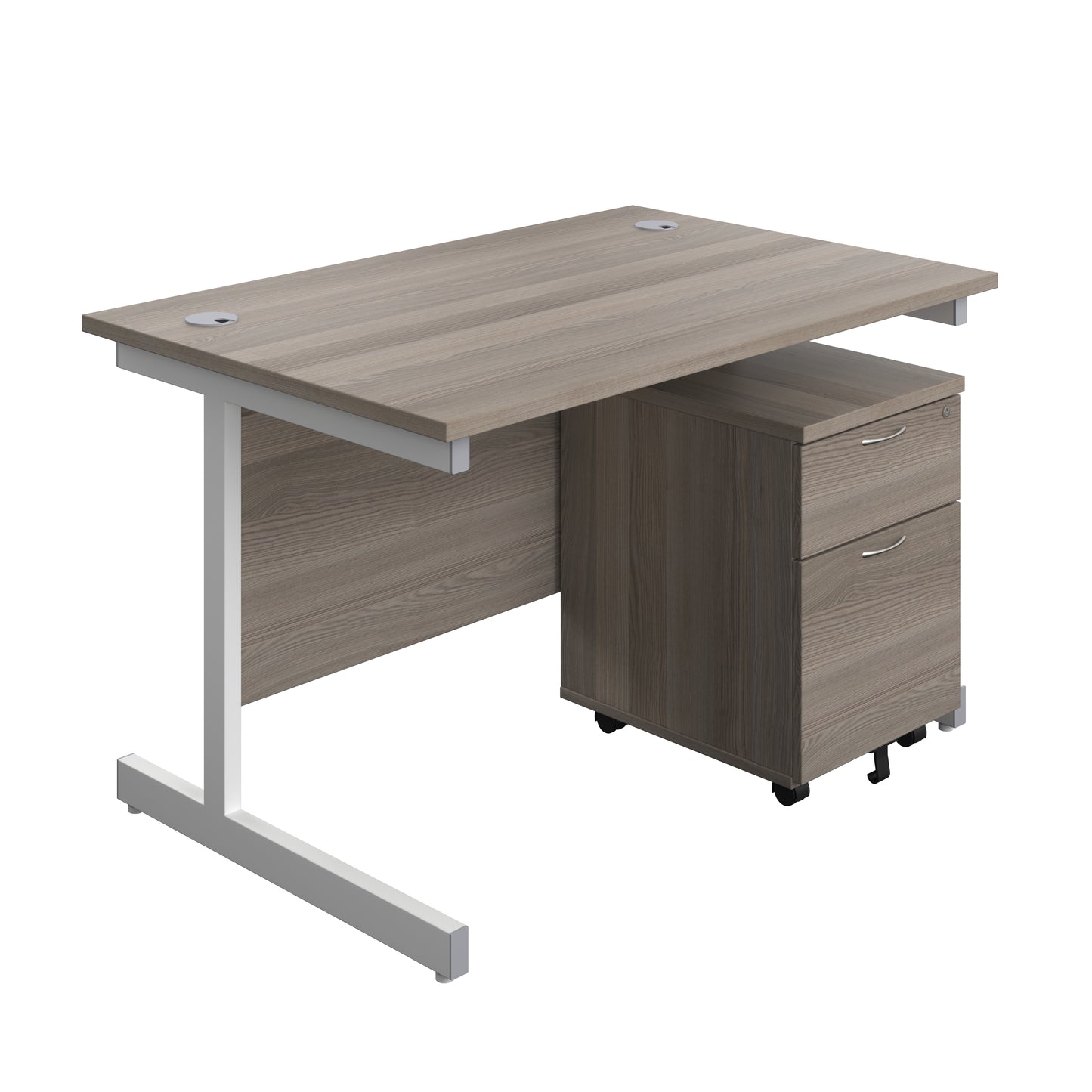 Aztec|Single Upright|Rectangular Desk with 2 Drawer Mobile Pedestal|1200x800|Grey Oak-White
