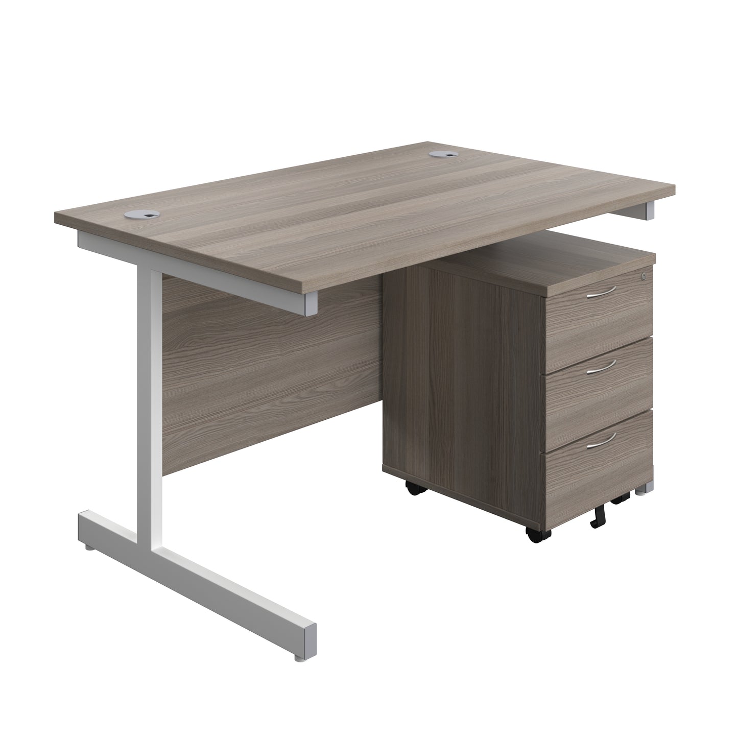 Aztec|Single Upright|Rectangular Desk with 3 Drawer Mobile Pedestal|1200x800|Grey Oak-White