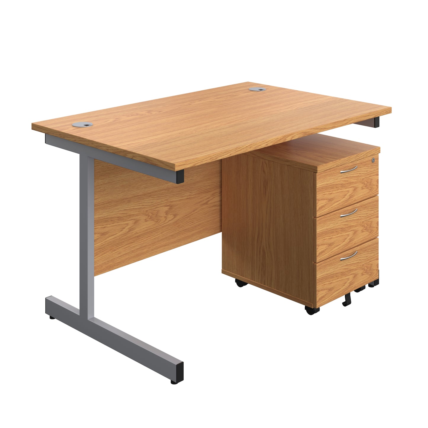 Aztec|Single Upright|Rectangular Desk with 3 Drawer Mobile Pedestal|1200x800|Nova Oak-Silver