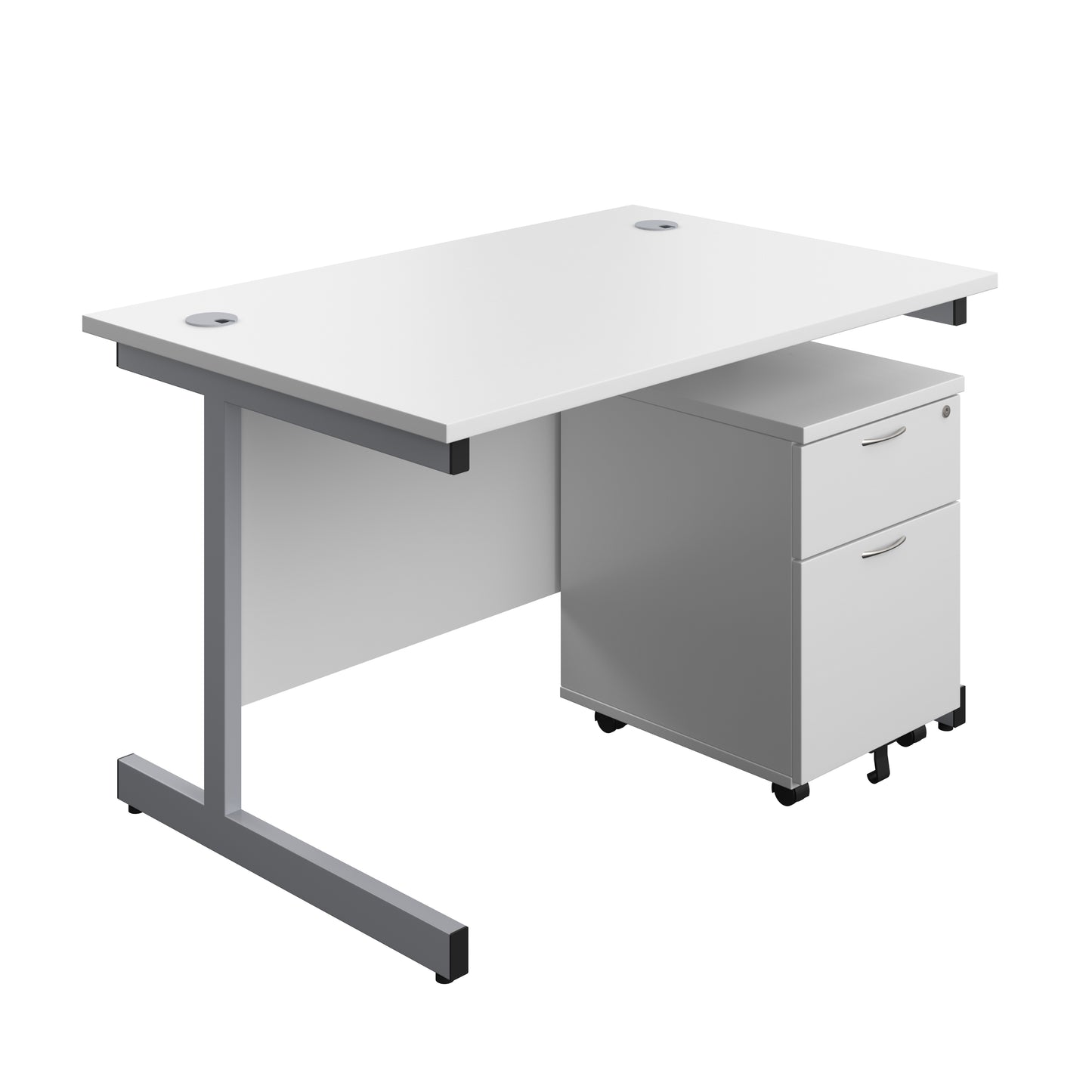 Aztec|Single Upright|Rectangular Desk with 2 Drawer Mobile Pedestal|1200x800|White-Silver