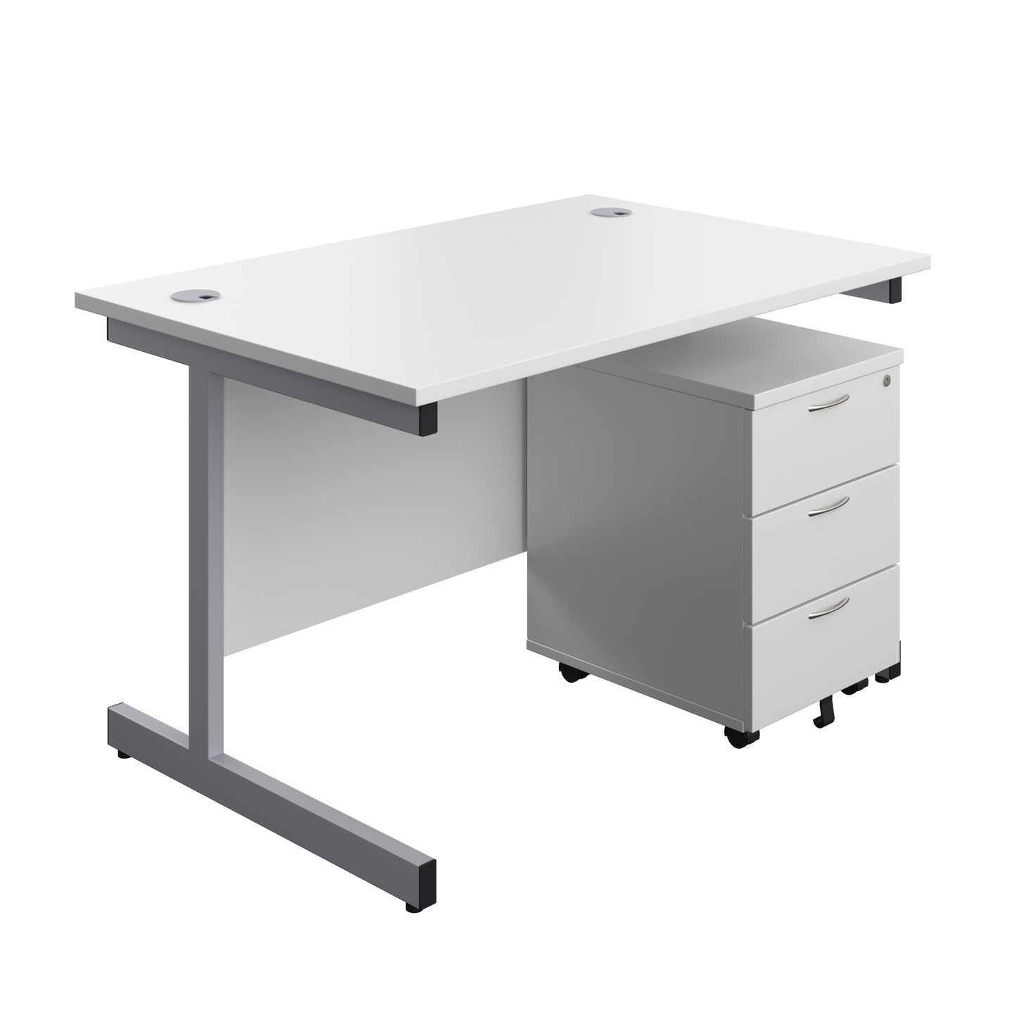 Aztec|Single Upright|Rectangular Desk with 3 Drawer Mobile Pedestal|1200x800|White-Silver