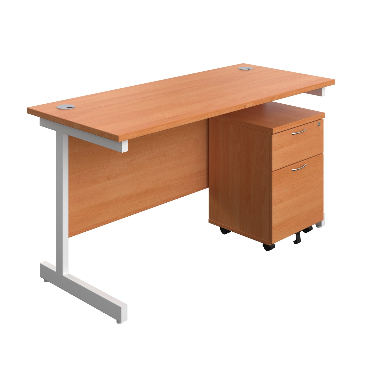 Aztec|Single Upright|Rectangular Desk with 2 Drawer Mobile Pedestal|1400x600|Beech-White