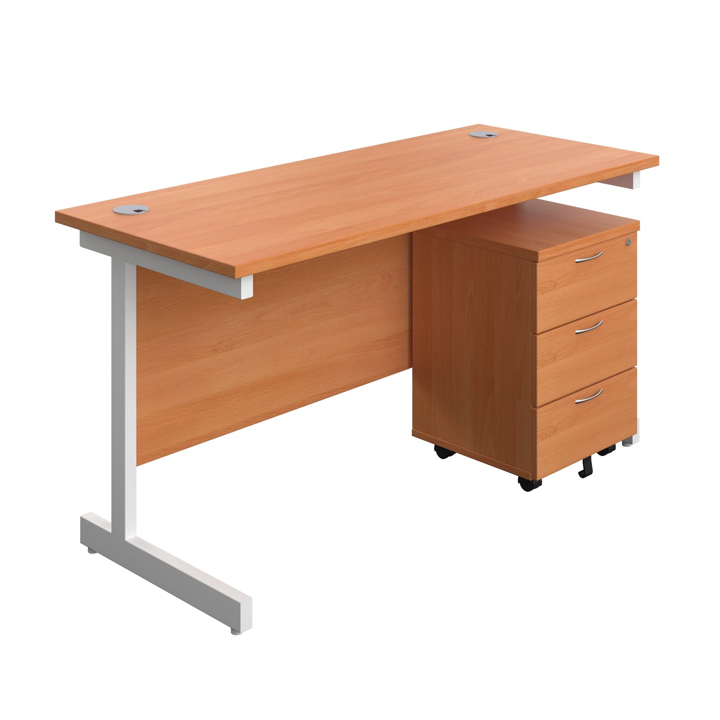 Aztec|Single Upright|Rectangular Desk with 3 Drawer Mobile Pedestal|1400x600|Beech-White
