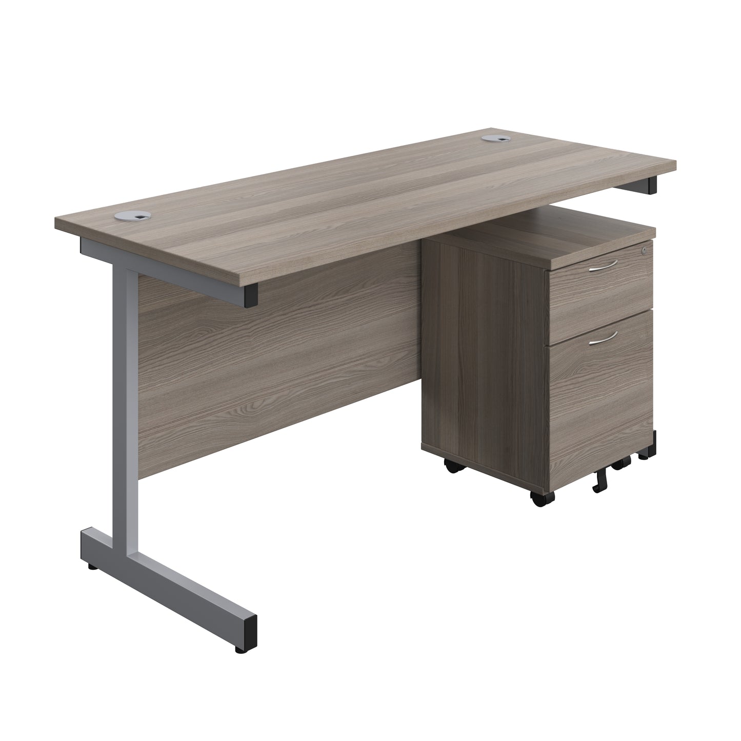 Aztec|Single Upright|Rectangular Desk with 2 Drawer Mobile Pedestal|1400x600|Grey Oak-Silver