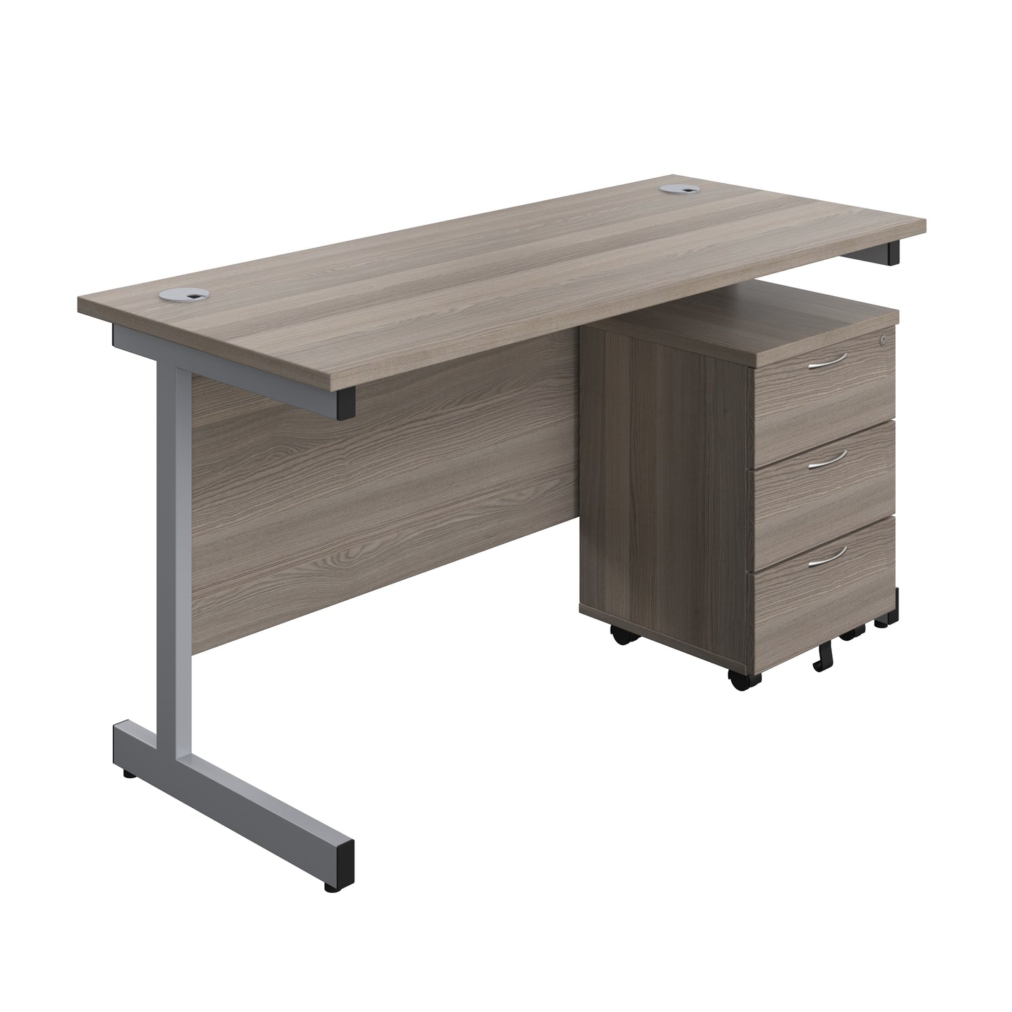 Aztec|Single Upright|Rectangular Desk with 3 Drawer Mobile Pedestal|1400x600|Grey Oak-Silver