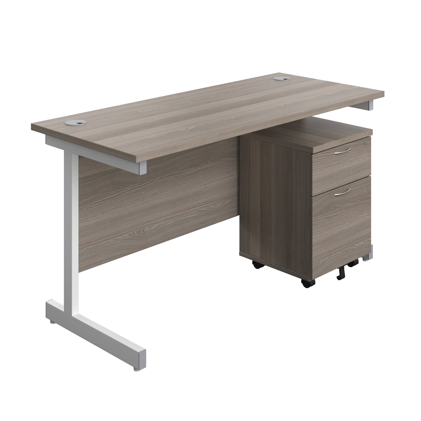 Aztec|Single Upright|Rectangular Desk with 2 Drawer Mobile Pedestal|1400x600|Grey Oak-White