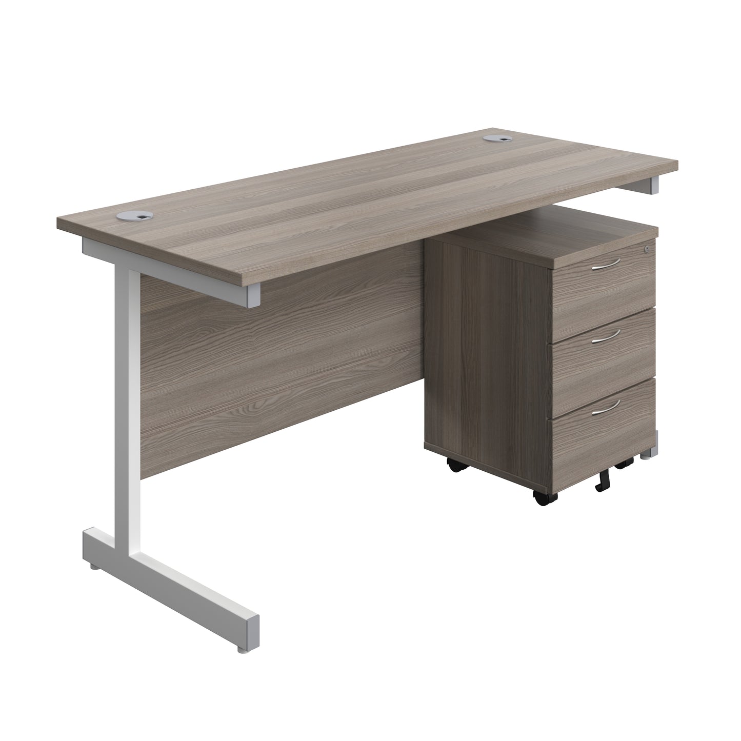 Aztec|Single Upright|Rectangular Desk with 3 Drawer Mobile Pedestal|1400x600|Grey Oak-White