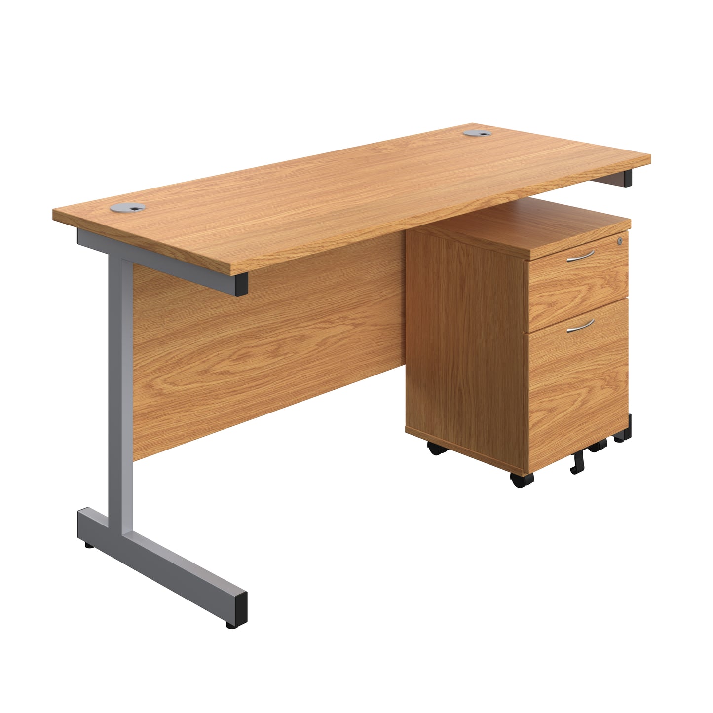 Aztec|Single Upright|Rectangular Desk with 2 Drawer Mobile Pedestal|1400x600|Nova Oak-Silver