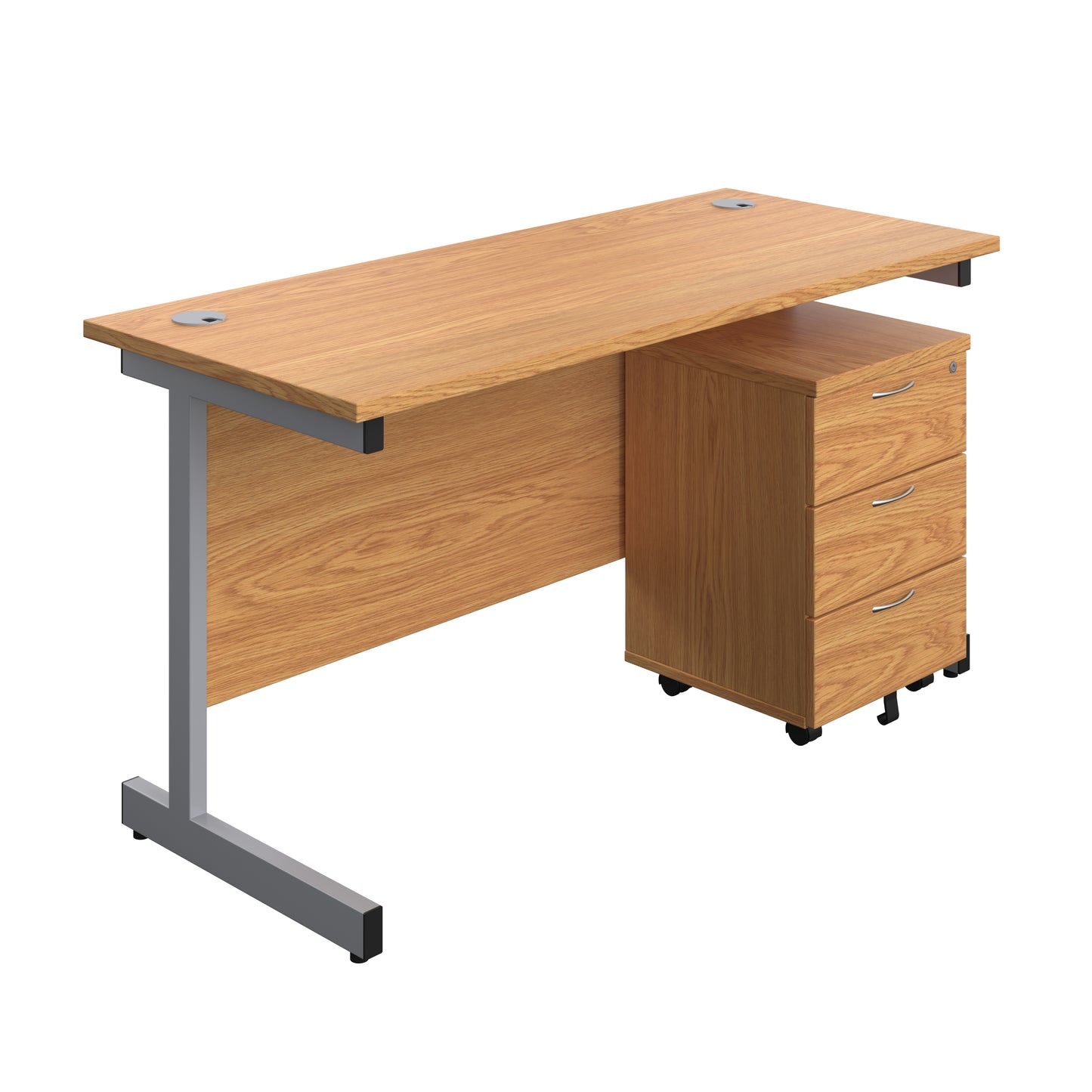 Aztec|Single Upright|Rectangular Desk with 3 Drawer Mobile Pedestal|1400x600|Nova Oak-Silver