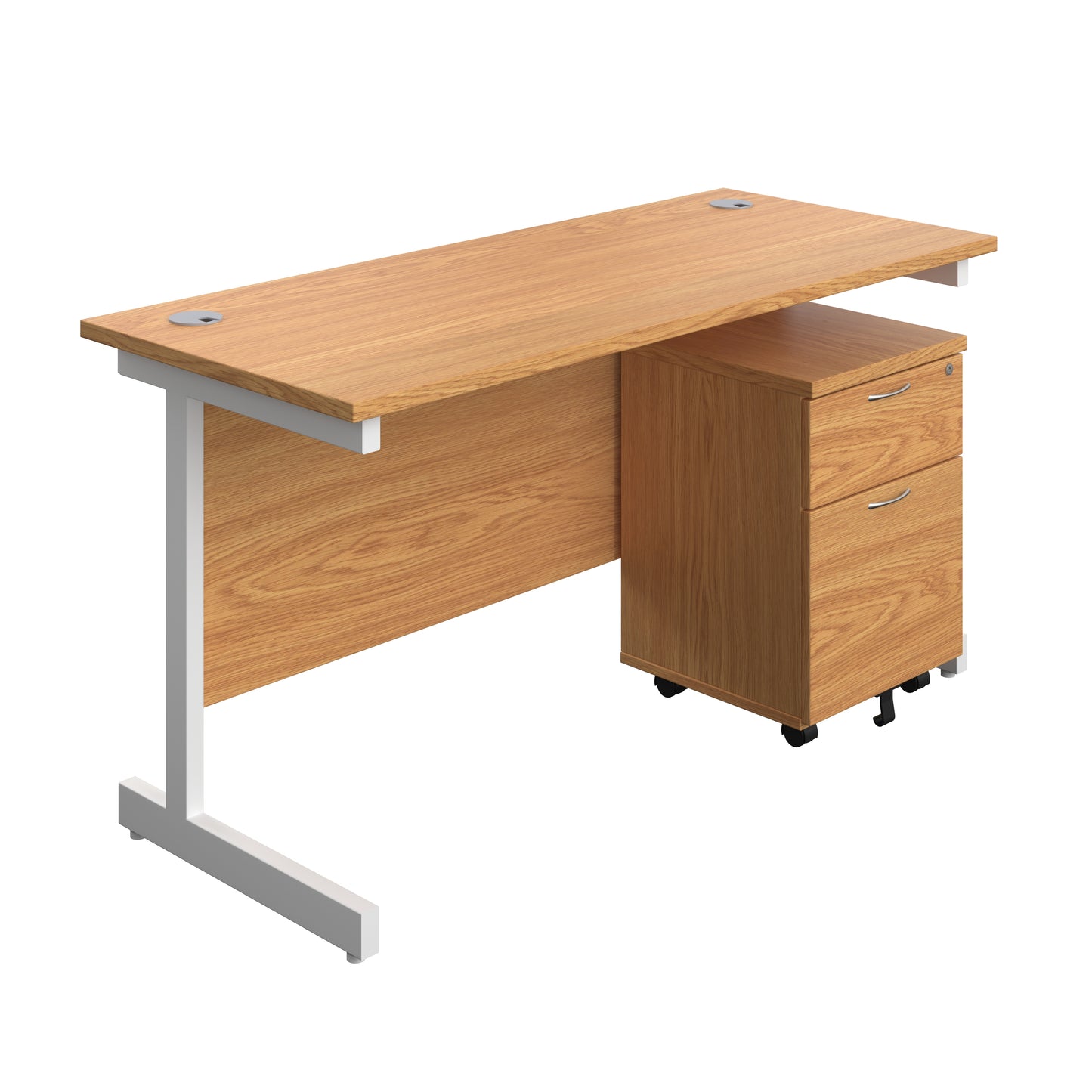 Aztec|Single Upright|Rectangular Desk with 2 Drawer Mobile Pedestal|1400x600|Nova Oak-White