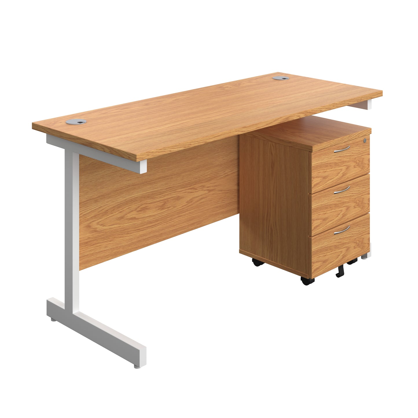 Aztec|Single Upright|Rectangular Desk with 3 Drawer Mobile Pedestal|1400x600|Nova Oak-White