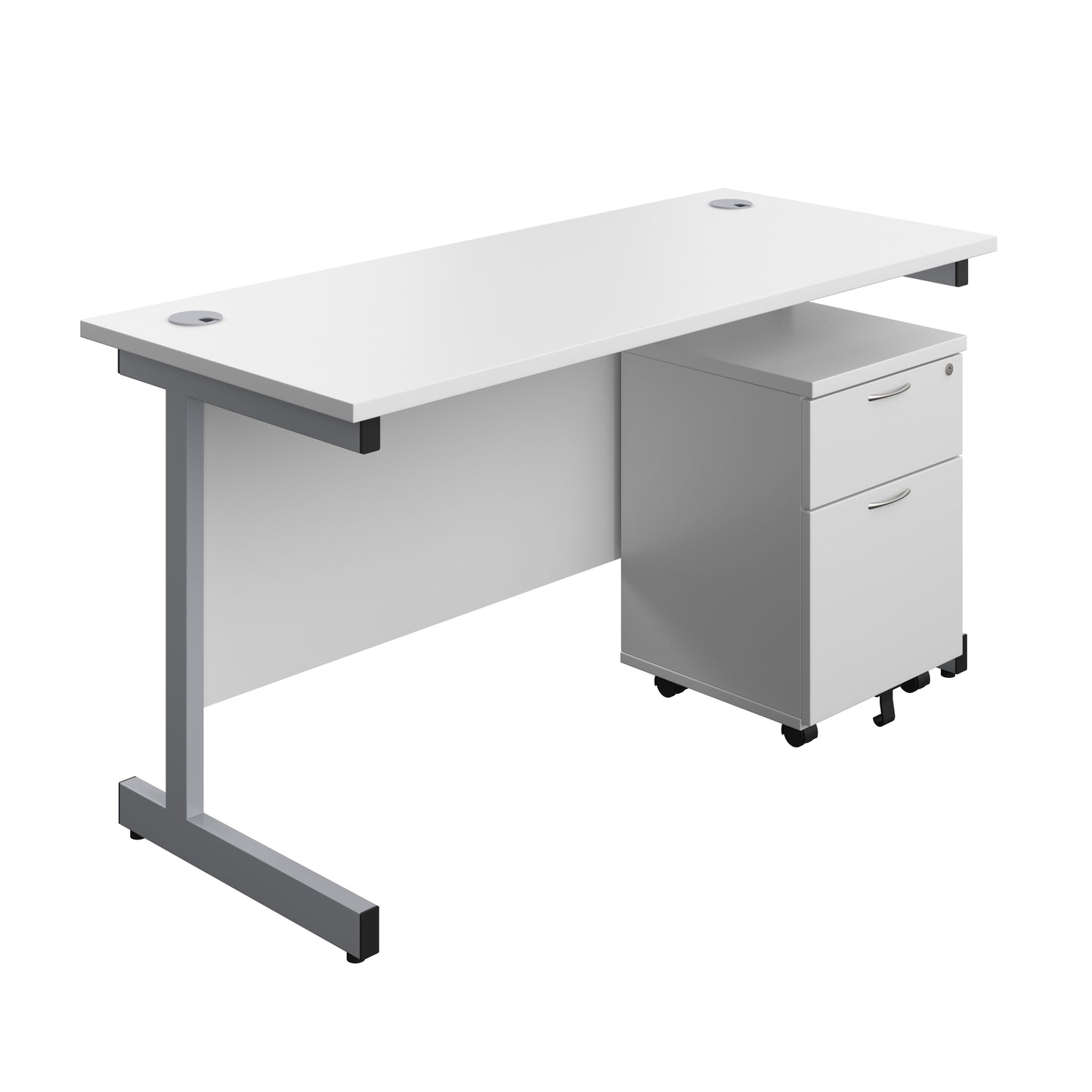 Aztec|Single Upright|Rectangular Desk with 2 Drawer Mobile Pedestal|1400x600|White-Silver
