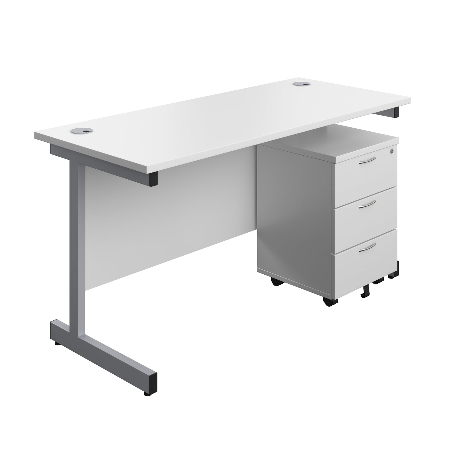 Aztec|Single Upright|Rectangular Desk with 3 Drawer Mobile Pedestal|1400x600|White-Silver