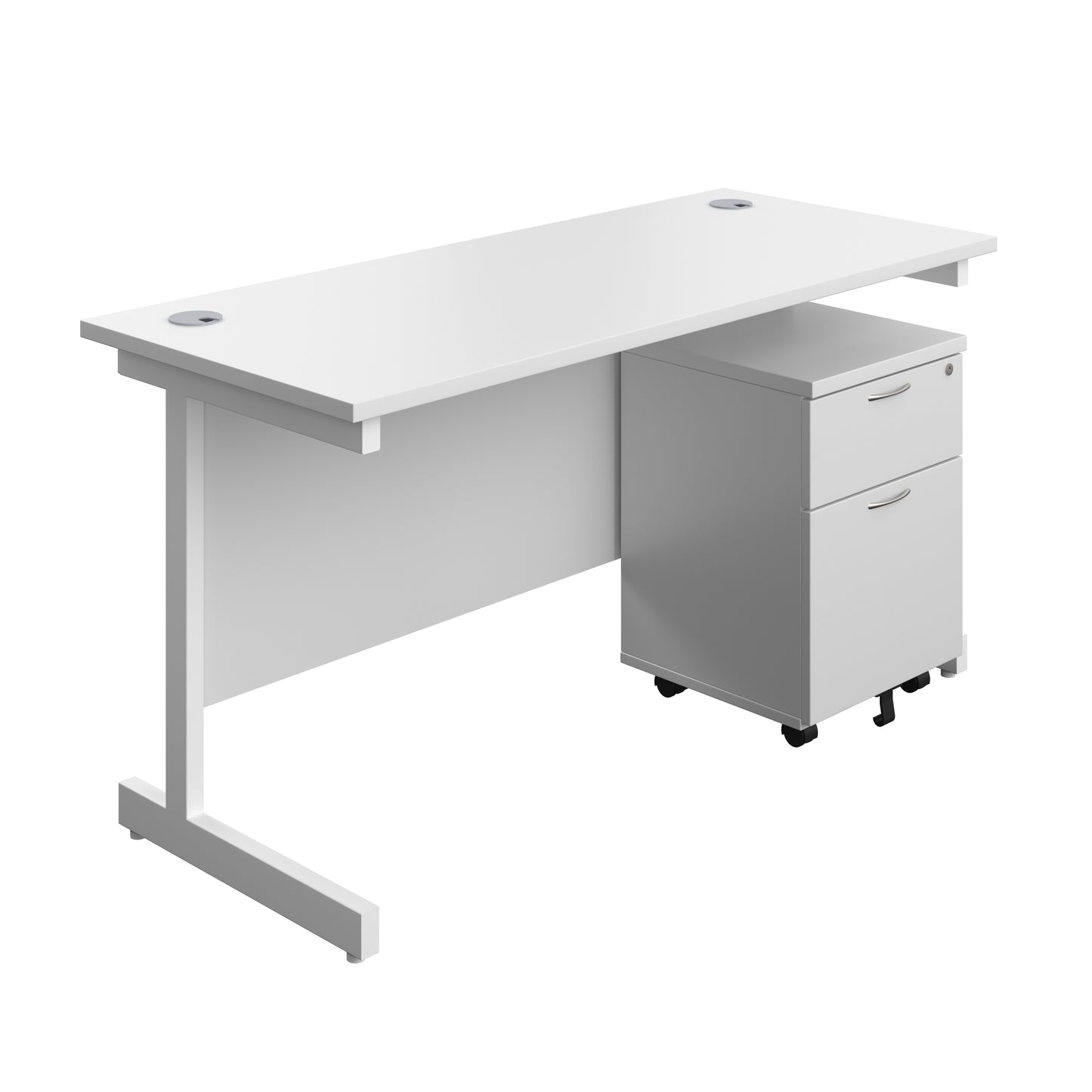 Aztec|Single Upright|Rectangular Desk with 2 Drawer Mobile Pedestal|1400x600|White-White