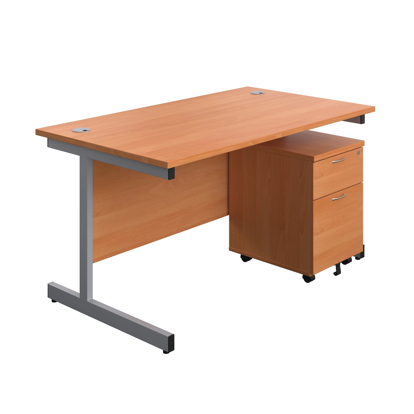 Aztec|Single Upright|Rectangular Desk with 2 Drawer Mobile Pedestal|1400x800|Beech-Silver