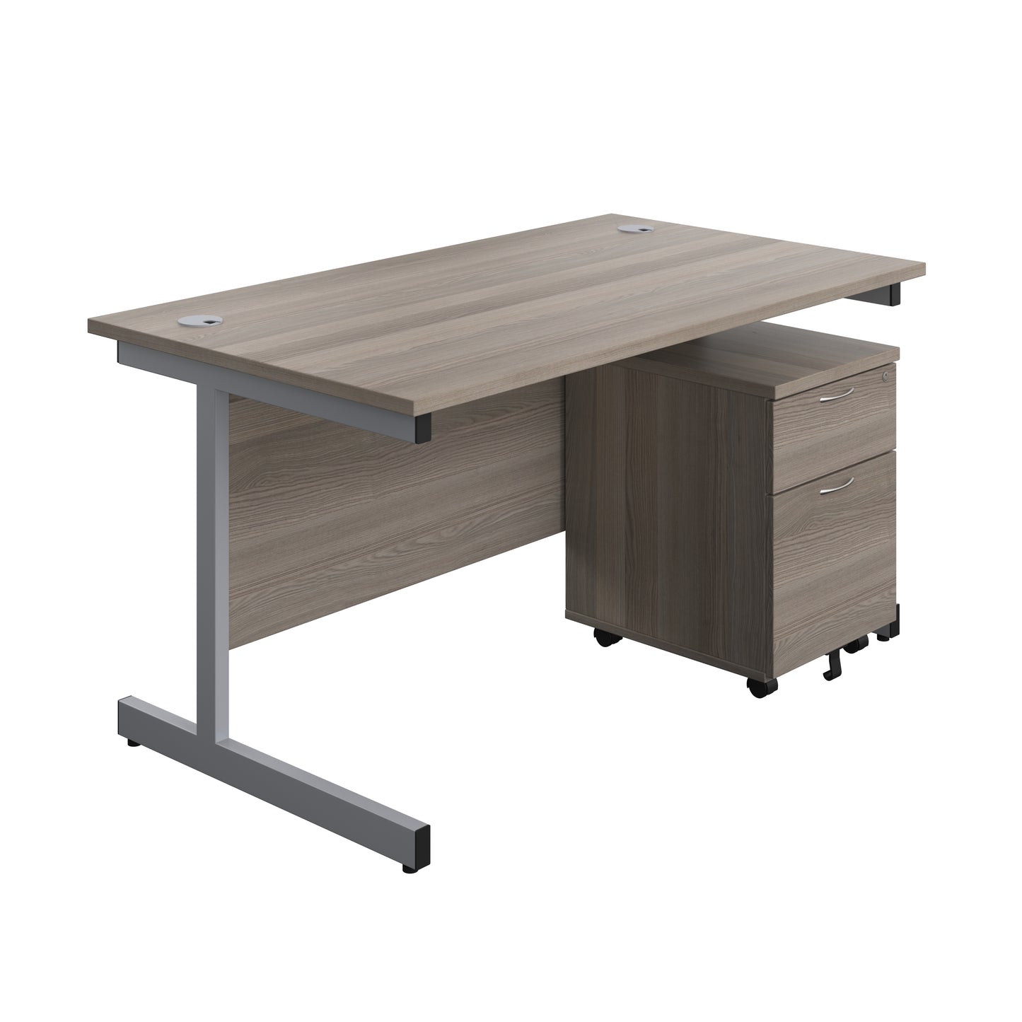 Aztec|Single Upright|Rectangular Desk with 2 Drawer Mobile Pedestal|1400x800|Grey Oak-Silver