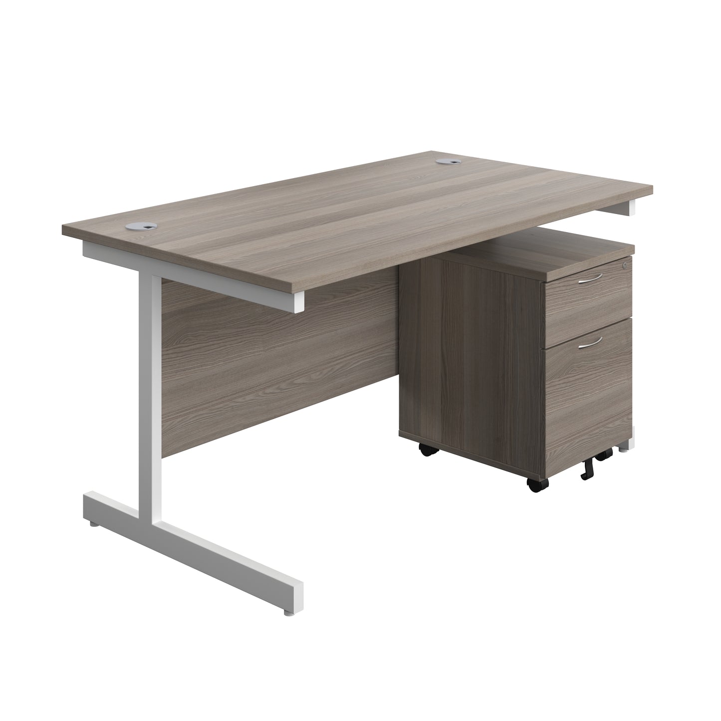 Aztec|Single Upright|Rectangular Desk with 2 Drawer Mobile Pedestal|1400x800|Grey Oak-White