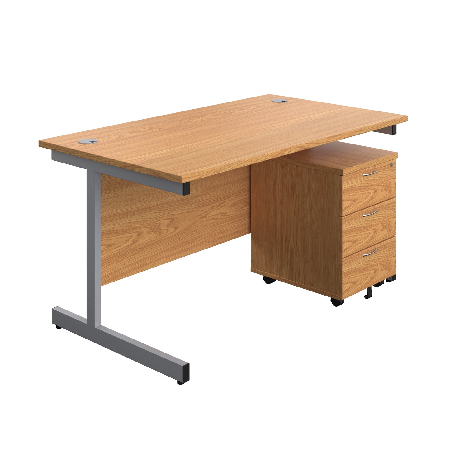 Aztec|Single Upright|Rectangular Desk with 3 Drawer Mobile Pedestal|1400x800|Nova Oak-Silver