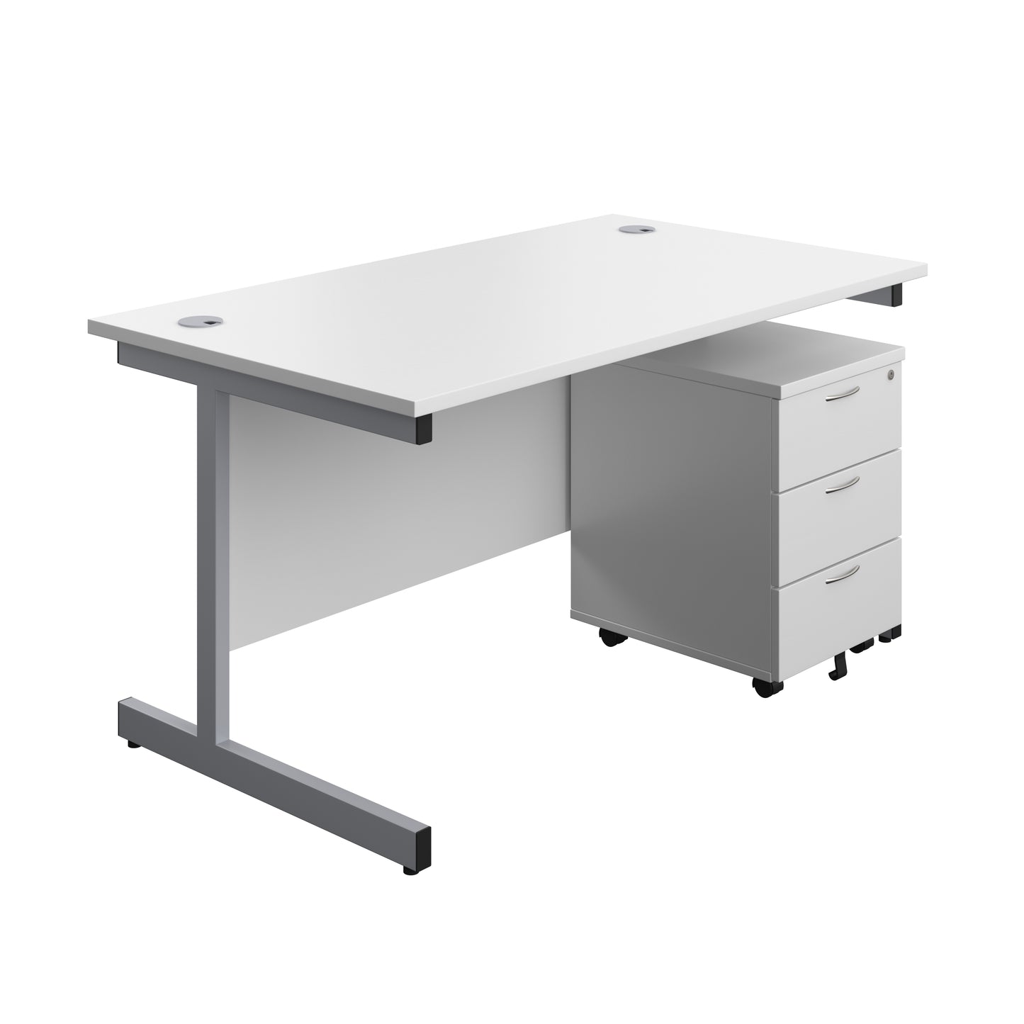 Aztec|Single Upright|Rectangular Desk with 3 Drawer Mobile Pedestal|1400x800|White-Silver