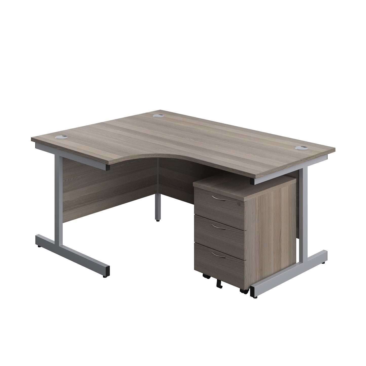 Aztec|Single Upright|Left Hand|Radial Desk with 3 Drawer Mobile Pedestal|1600x1200|Grey Oak-Silver