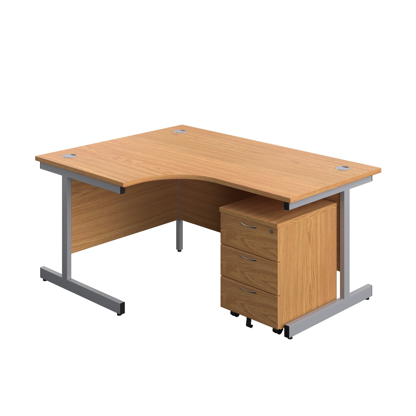 Aztec|Single Upright|Left Hand|Radial Desk with 3 Drawer Mobile Pedestal|1600x1200|Nova Oak-Silver
