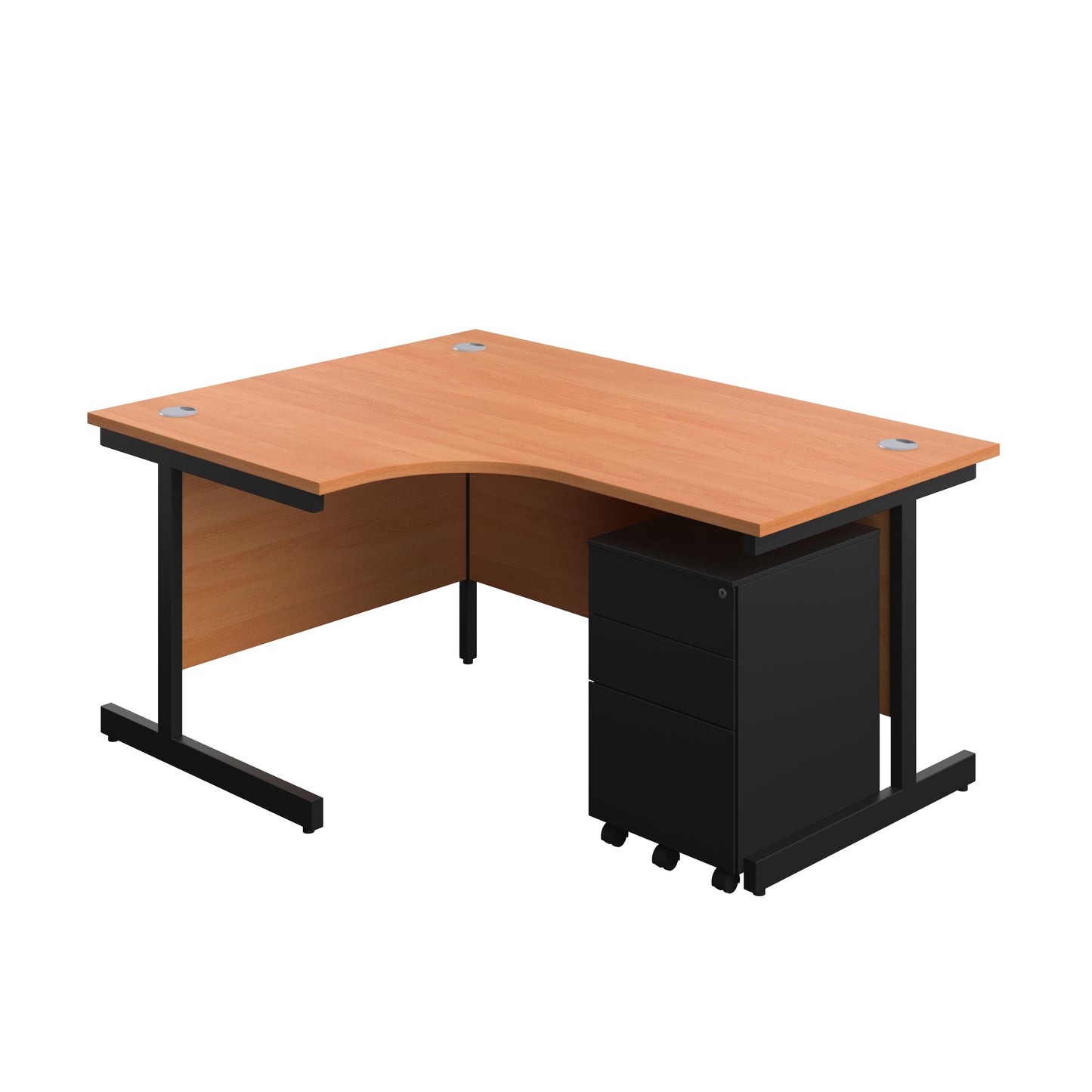 Aztec|Single Upright|Left Hand|Radial Desk with 3 Drawer Under Desk Steel Pedestal|1600x1200|Beech-Black