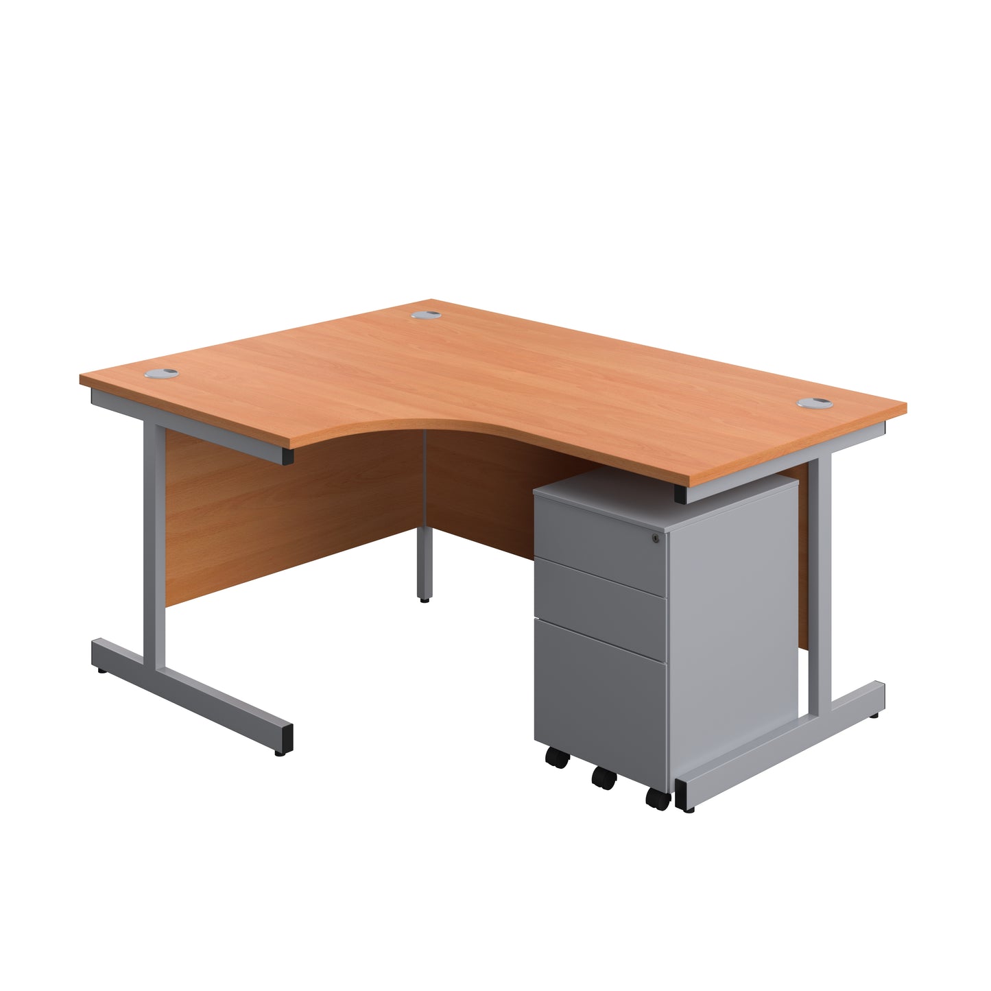 Aztec|Single Upright|Left Hand|Radial Desk with 3 Drawer Under Desk Steel Pedestal|1600x1200|Beech-Silver