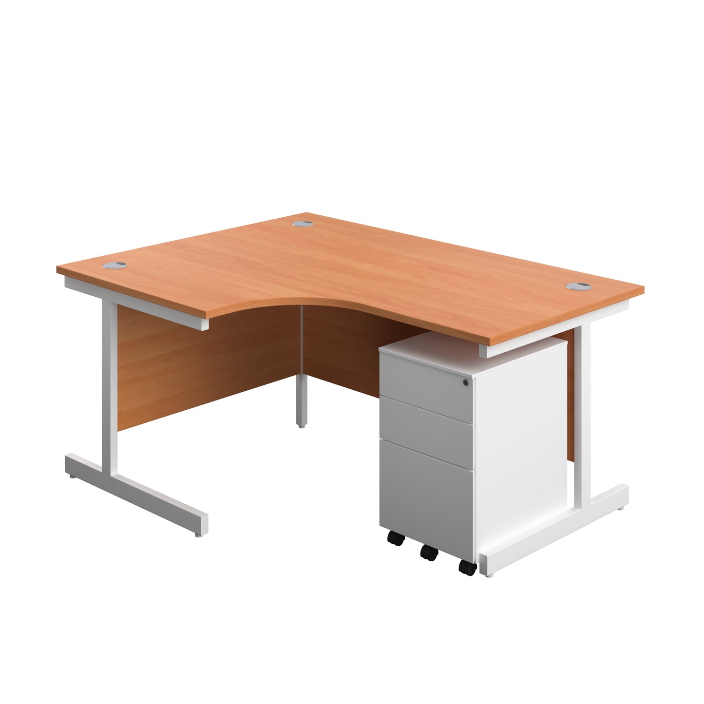 Aztec|Single Upright|Left Hand|Radial Desk with 3 Drawer Under Desk Steel Pedestal|1600x1200|Beech-White