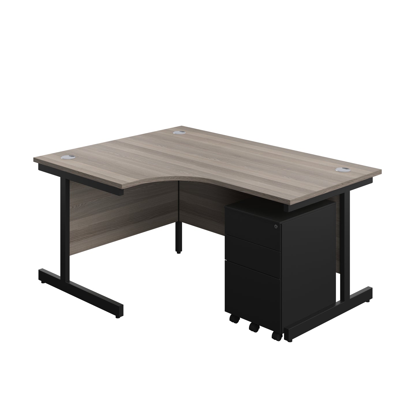 Aztec|Single Upright|Left Hand|Radial Desk with 3 Drawer Under Desk Steel Pedestal|1600x1200|Grey Oak-Black
