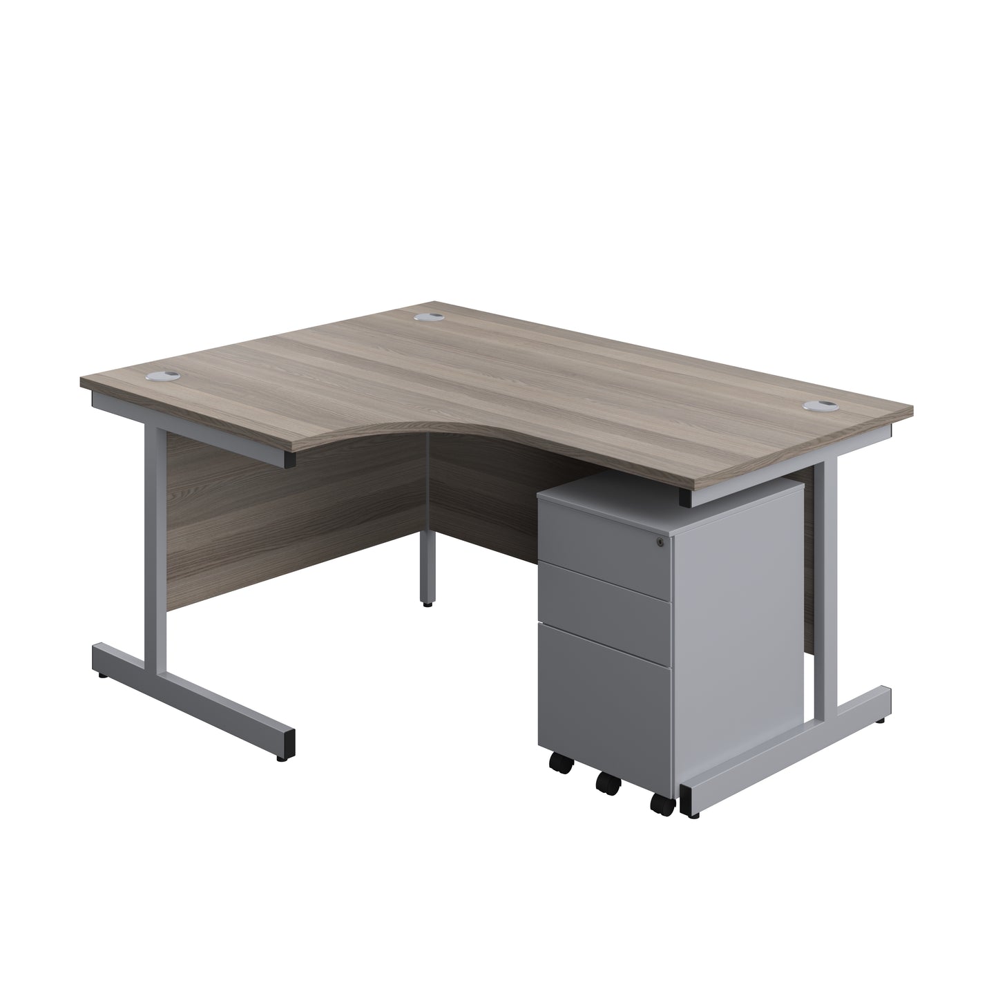 Aztec|Single Upright|Left Hand|Radial Desk with 3 Drawer Under Desk Steel Pedestal|1600x1200|Grey Oak-Silver