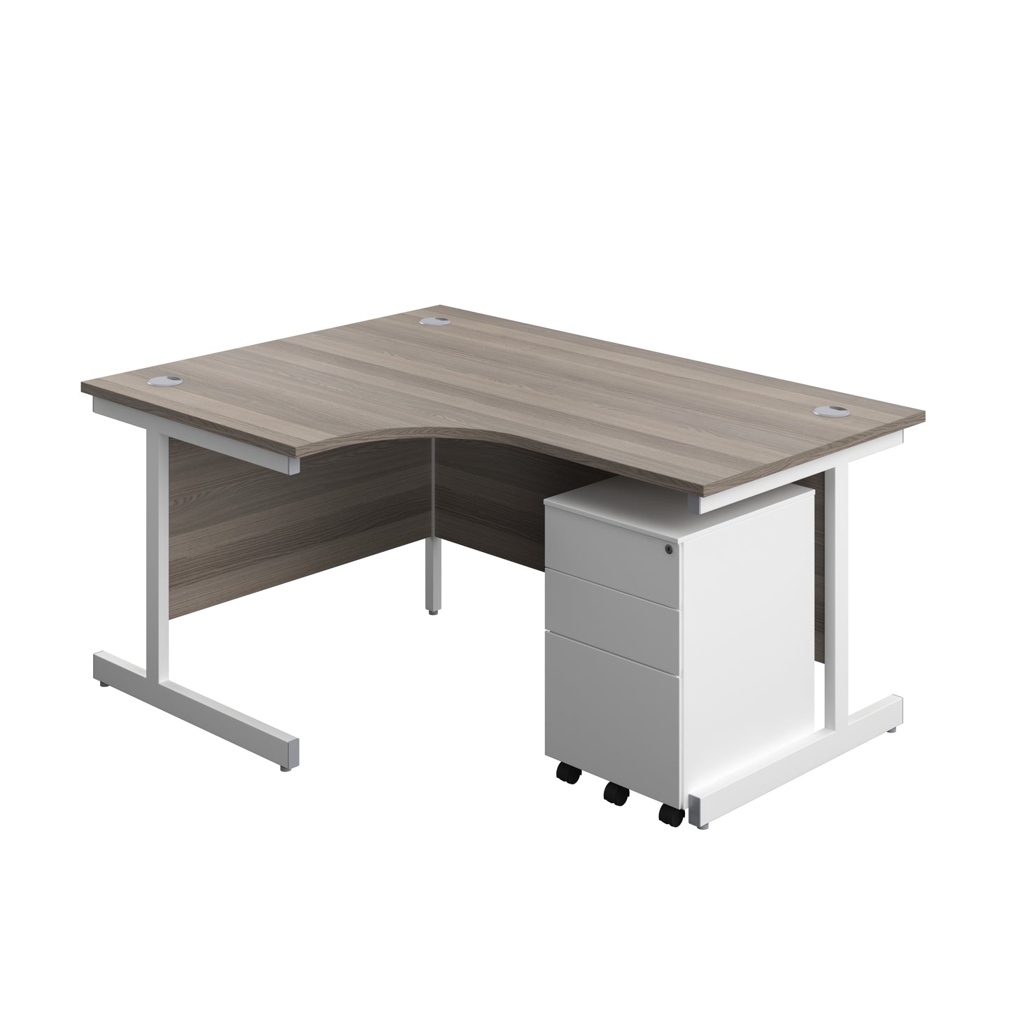 Aztec|Single Upright|Left Hand|Radial Desk with 3 Drawer Under Desk Steel Pedestal|1600x1200|Grey Oak-White