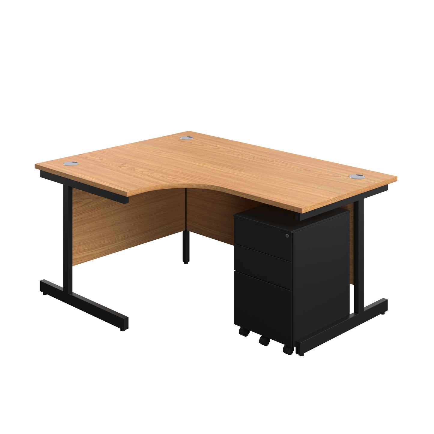 Aztec|Single Upright|Left Hand|Radial Desk with 3 Drawer Under Desk Steel Pedestal|1600x1200|Nova Oak-Black