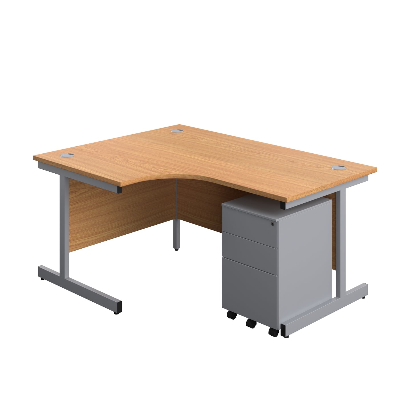 Aztec|Single Upright|Left Hand|Radial Desk with 3 Drawer Under Desk Steel Pedestal|1600x1200|Nova Oak-Silver