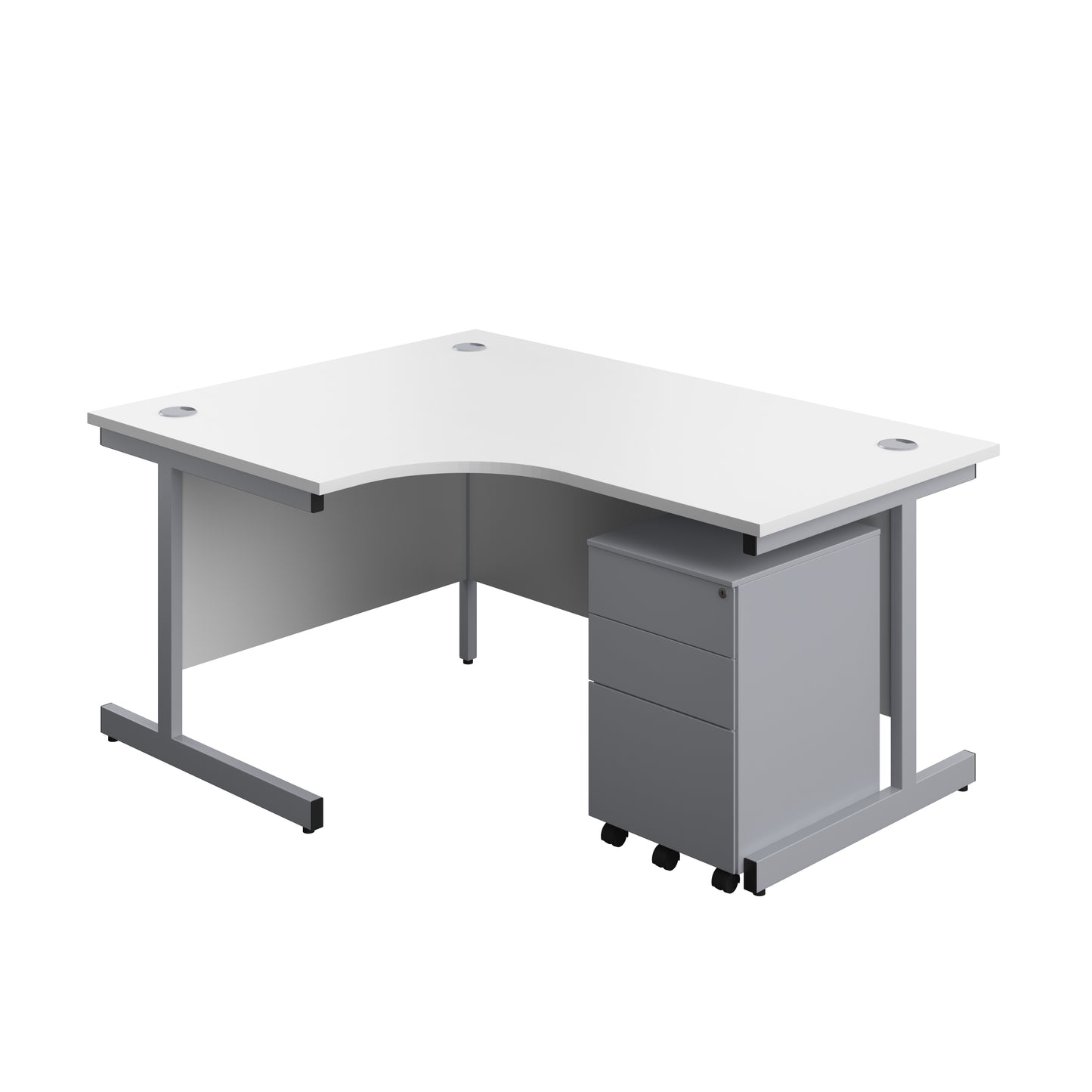 Aztec|Single Upright|Left Hand|Radial Desk with 3 Drawer Under Desk Steel Pedestal|1600x1200|White-Silver