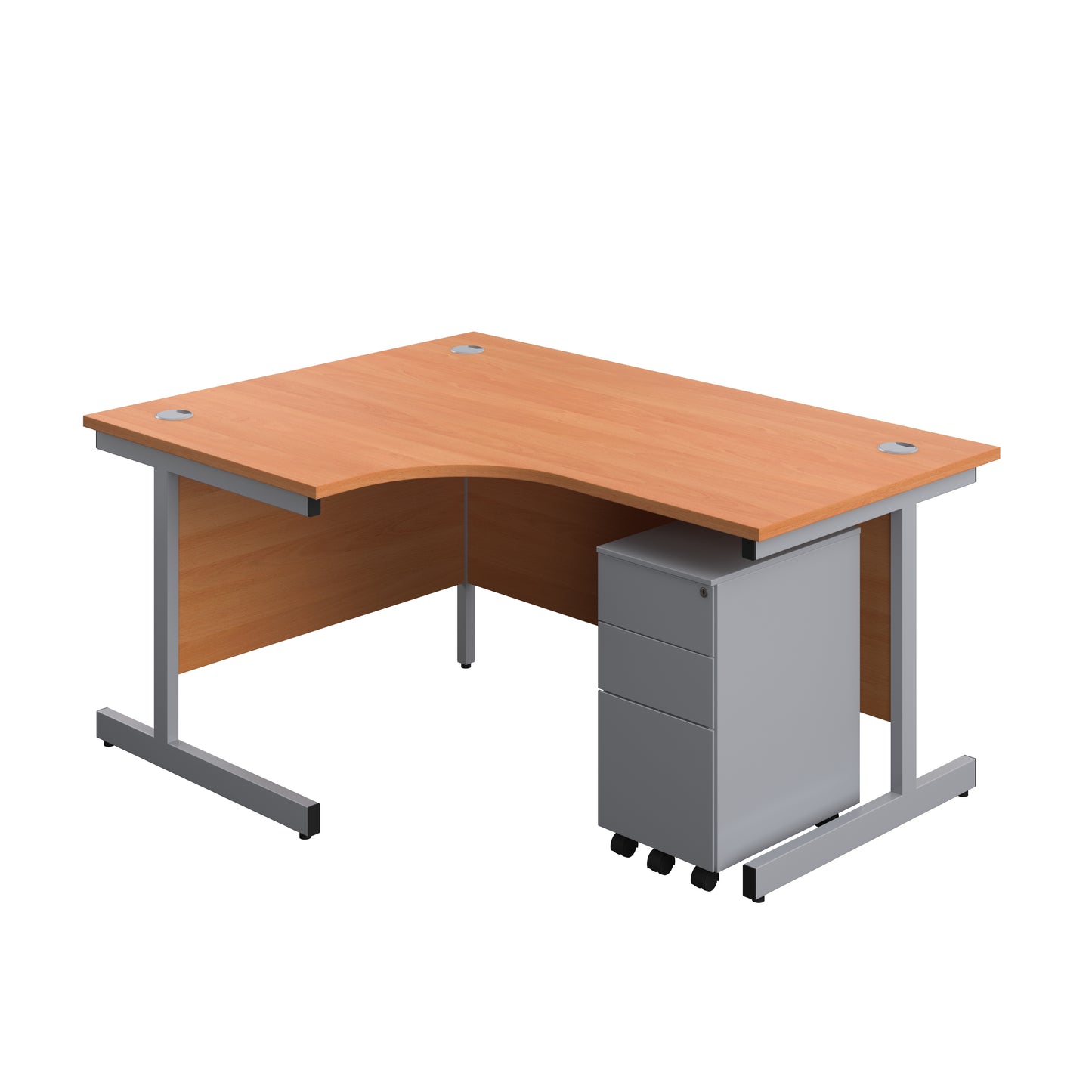 Aztec|Single Upright|Left Hand|Radial Desk with 3 Drawer Slimline Steel Pedestal|1600x1200|Beech-Silver